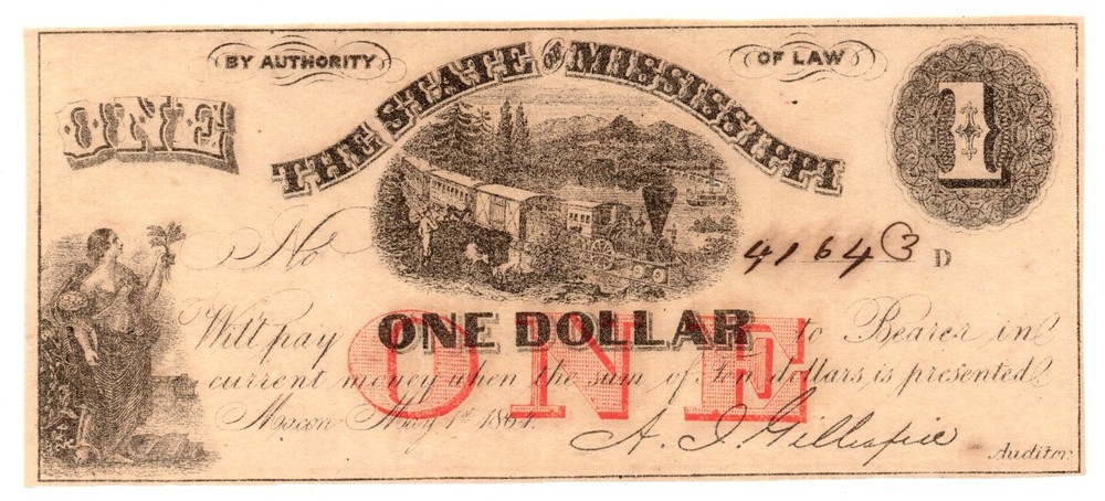 1864 $1 State of Mississippi, Macon Obsolete -Crisp Uncirculated! Civil War Era.