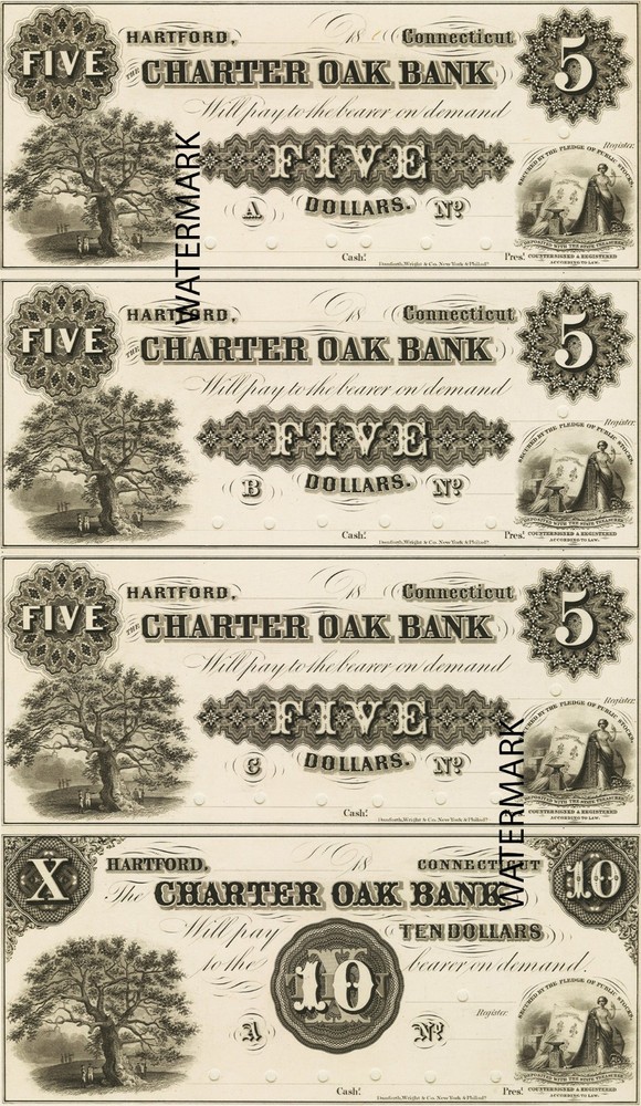Hartford CT – Charter Oak Bank $5-$5-$5-$10 Sheet Obsolete Currency REPRO