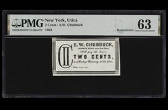 1864 NEW YORK Utica, 2c SW Chubbock Civil War Obsolete Banknote Currency, PMG 63