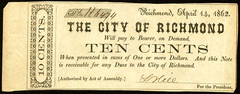 VA 10¢ The City of RICHMOND Virginia April 14, 1862 Ten Cents Municipal Scrip