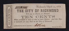 CU City of Richmond 1862 10 CENTS Virginia Obsolete VA Bill Old Civil War Note
