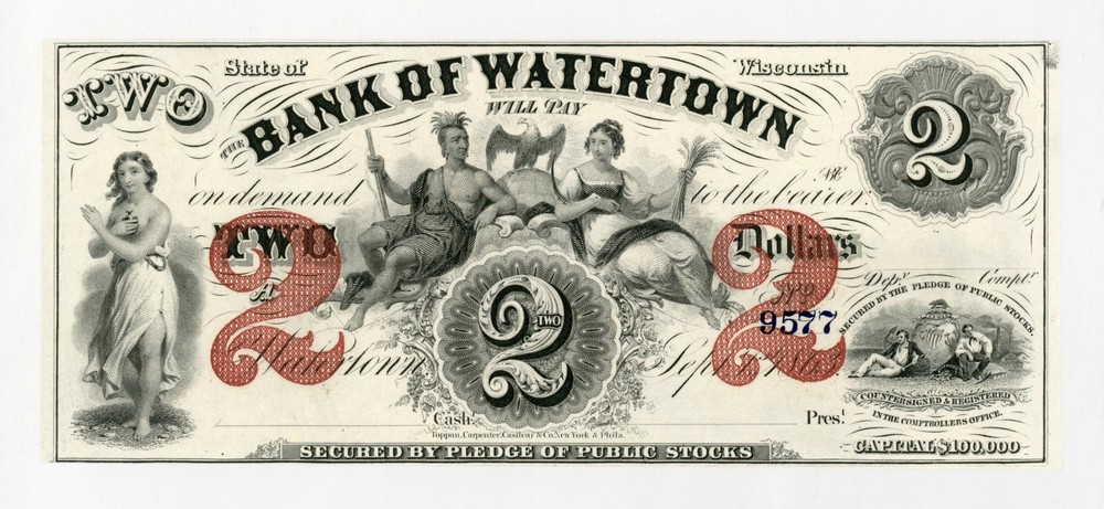 1863 $2 The Bank of Watertown – WISCONSIN Note CIVIL WAR Era CU