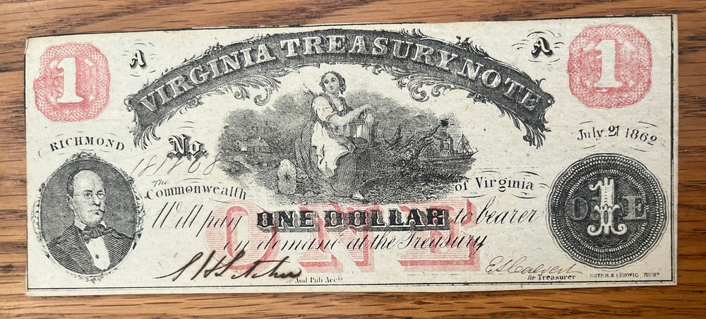 JULY 21, 1862 $1 ONE DOLLAR VIRGINIA TREASURY NOTE RICHMOND, VA OBSOLETE NOTE
