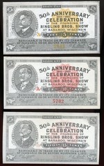 (3) Baraboo, WI – Ringling Bros. Depression Scrip 5¢, 10¢, 15¢ Nov. 1, 1933