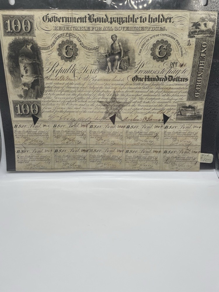 1840 $100 Republic of Texas Government Bond #1246 with Interest Coupons