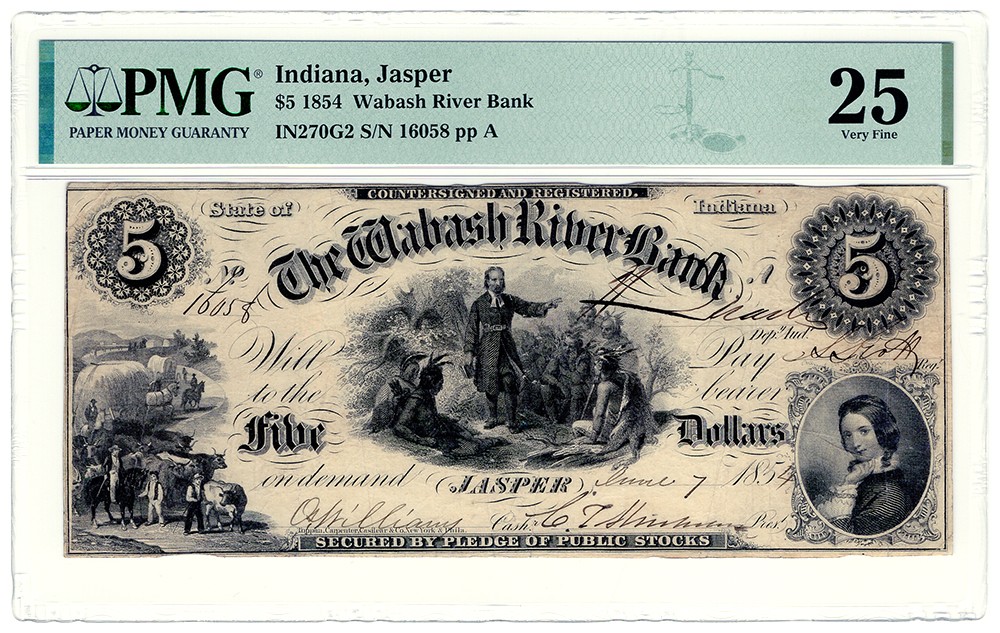 1854 $5 Jasper, IN Wabash River Bank Note PMG VF25 (Pinholes) – $5
