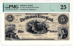 1854 $5 Jasper, IN Wabash River Bank Note PMG VF25 (Pinholes) – $5