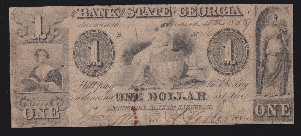 US Georgia $1 1858 Bank of the State of Georgia Obsolete Currency Note Fine