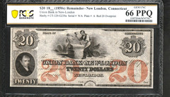 1850’s $20 UNION BANK of NEW LONDON CT Obsolete Currency- PCGS 66PPQ – AV3