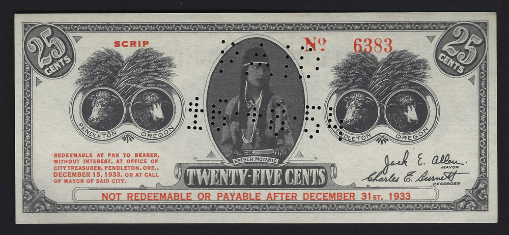 1933 Pendleton Roundup Oregon 25c Scrip – Esther Motanic – Rodeo Queen