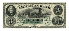 1860’s $3 The American Bank – Baltimore, MARYLAND Note w/ TRAIN AU