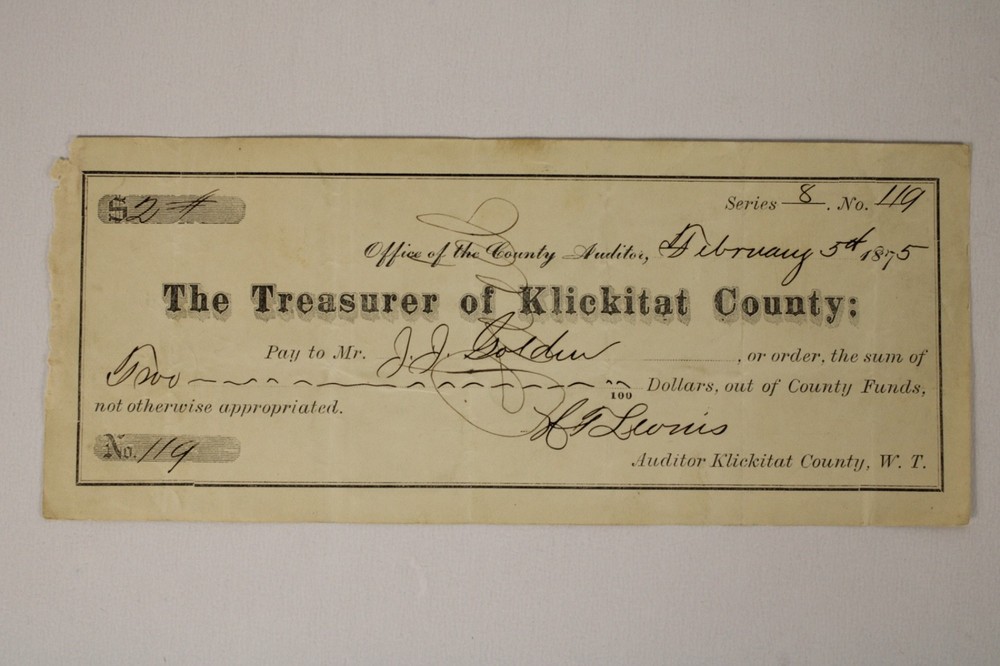 Auditor’s State Office Treasurer of Klickitat County Funds WT 1875 1800s Antique
