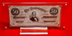 1864 $50 DOLLAR BILL, JEFFERSON DAVIS Confederate Money CIVIL WAR, FRAME, FINE