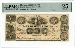 1832 $5 BANK OF WEST FLORIDA APPALACHICOLA, FL OBSOLETE NOTE PMG VERY FINE-25