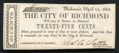 1862 25 CENTS THE CITY OF RICHMOND VIRGINIA OBSOLETE SCRIP NOTE UNCIRCULATED