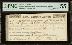 TEXAS 1855 Austin TX $107 Treasury Warrant Obsolete Banknote Currency, PMG AU55