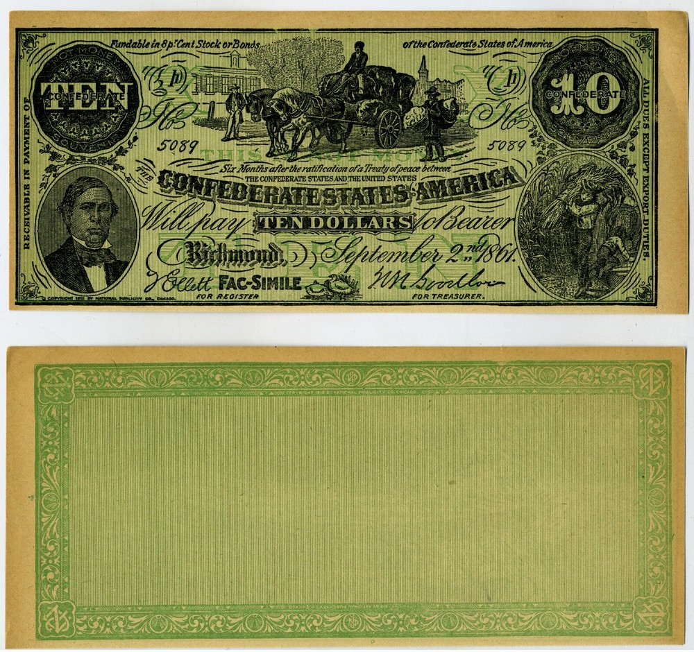 CURRENCY – FACSIMILE CONFEDERATE NOTE – UNUSED – ADVERTISING