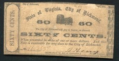 1862 60 SIXTY CENTS STATE OF VIRGINIA, CITY OF RICHMOND OBSOLETE SCRIP NOTE (S)