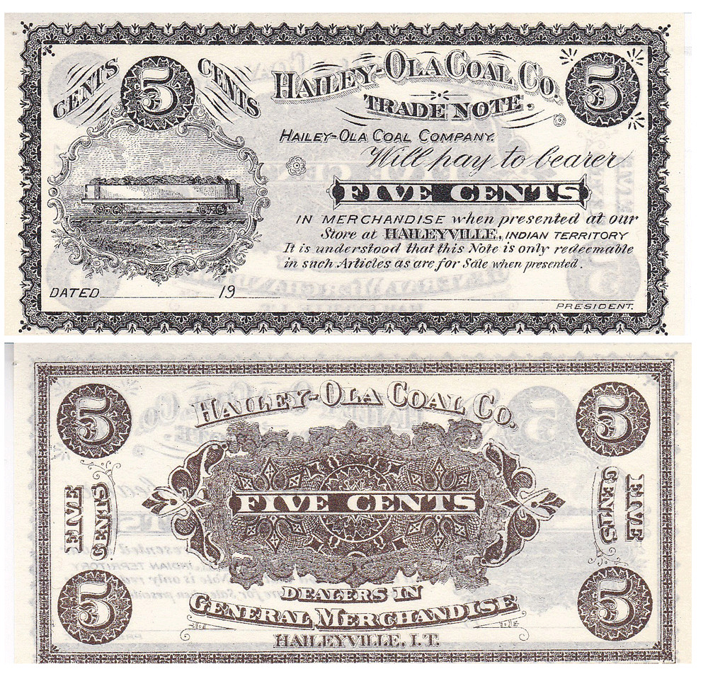 1900’s 5 Cents Indian Territory Oklahoma Hailey-Ola Coal Co. Obsolete Unc.