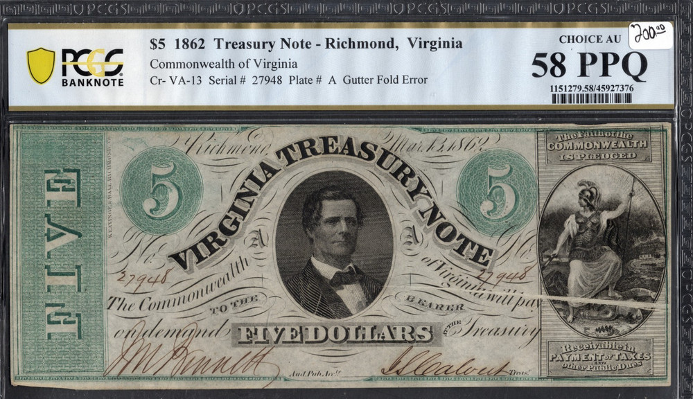 $5- 1862 Treasury Note- Richmond, Va- Choice AU 58