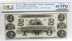 1800’s $2 The New England Commercial Bank Newport, RHODE ISLAND PCGS 65 PPQ CU