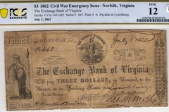 $3 1862 Civil War Emergency Issue- Norfolk, Virginia, July 1, 1862