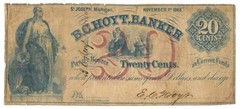 1862 B.C. Hoyt, Banker, St. Joseph, Michigan 20c Obsolete Note (60083)