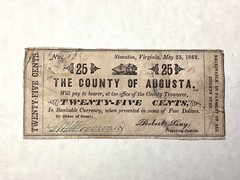 ~1862 25 Cents The County of Augusta – Virginia – Civil War Fractional Currency