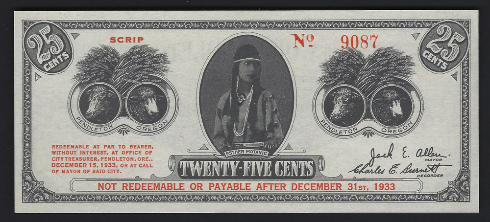 1933 Pendleton Roundup Oregon 25c Scrip – Esther Motanic – Rodeo Queen