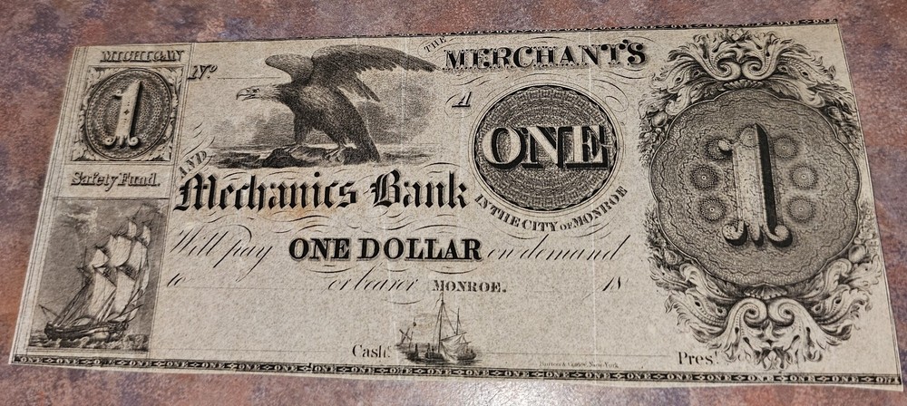 Merchants & Mechanics Bank of Monroe, Michigan $1 Note UNC trimmed wrong error