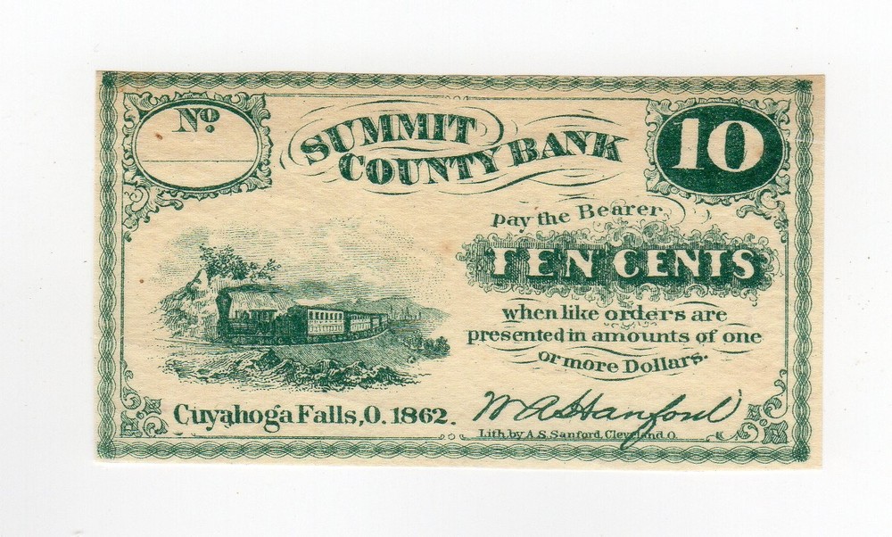 1862 10c W.A. Hanford, Summit County Bank, Cuyahoga Falls OHIO CIVIL WAR era