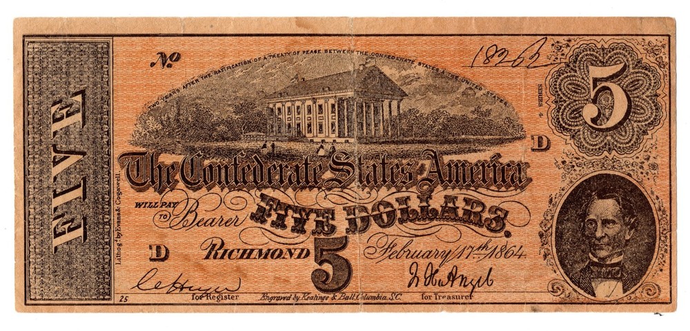 Confederate $5 Five Dollar Note 1864 Reproduction