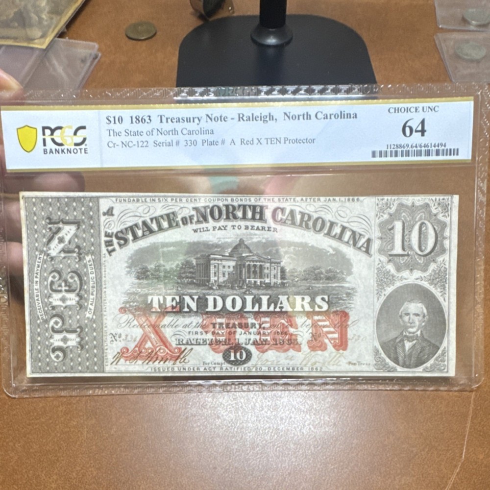 PCGS 1863 North Carolina Treasury Note Raleigh $10 Grade 64 Choice UNC
