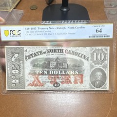 PCGS 1863 North Carolina Treasury Note Raleigh $10 Grade 64 Choice UNC