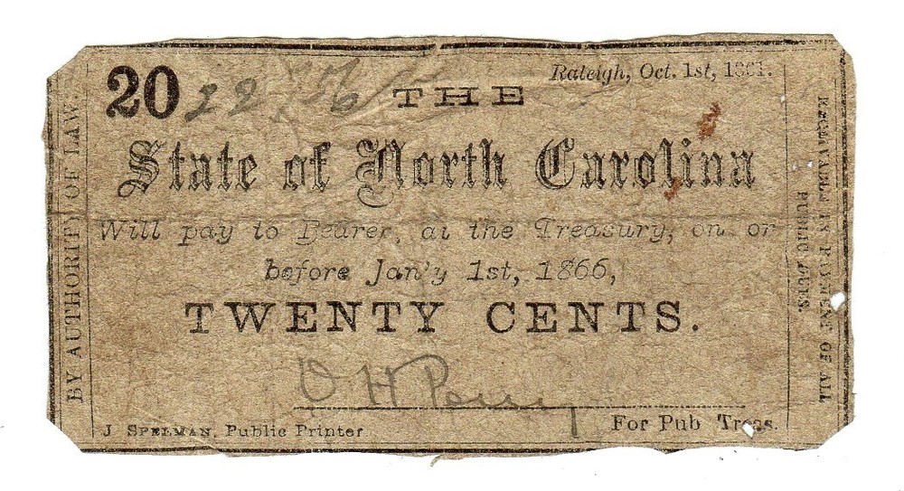 1861 20c The State of North Carolina Note