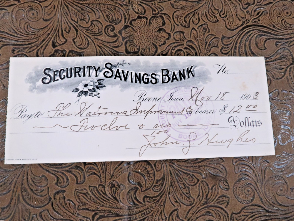 Antique Vintage Check from Security Savings Bank Boone Iowa 1903 Pinkish