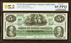 1872 $5 Revenue Bond Scrip – Columbia, South Carolina – PCGS GEM 65 PPQ