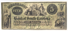 1857 $5 MERCHANTS’ BANK OF SOUTH CAROLINA CHERAW, SC OBSOLETE ISSUE PCGS 15 VF