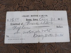 Antique Vintage receipt from Crary Motor Car Co Boone Iowa Super RARE