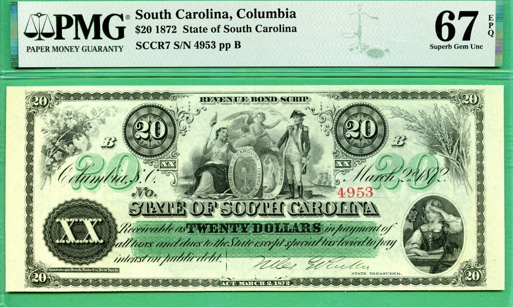 SUPERB GEM 67 – 1872 $20 STATE SOUTH CAROLINA, COLUMBIA – PMG SUPERB GEM 67 EPQ