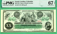 SUPERB GEM 67 – 1872 $20 STATE SOUTH CAROLINA, COLUMBIA – PMG SUPERB GEM 67 EPQ