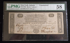 New York Auburn 10 Dollars 1810s Bank of Auburn PMG AU 58 Spindle Holes