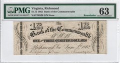 Richmond VA Bank of the Commonwealth $1.75 Remainder June 4 1862 VA170G24 PMG 63