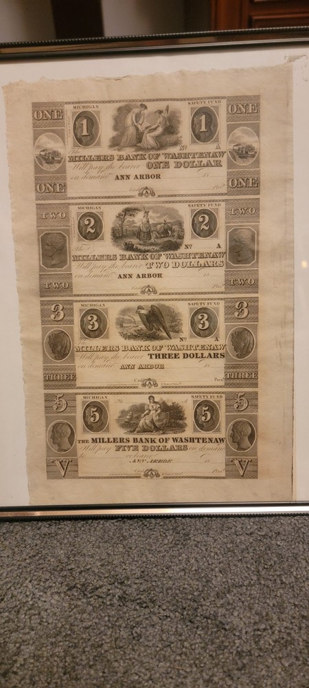 Millers Bank of Washtenaw Ann Arbor MI uncut Sheet $1/2/3/5 obsolete currency