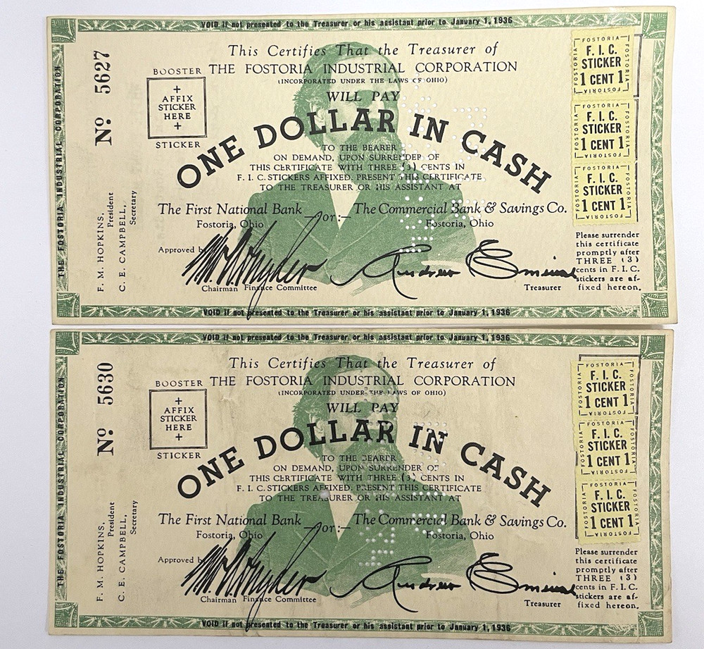 1934 $1 Dollar Fostoria Industrial Corporation Promissory Sami Consecutive Notes