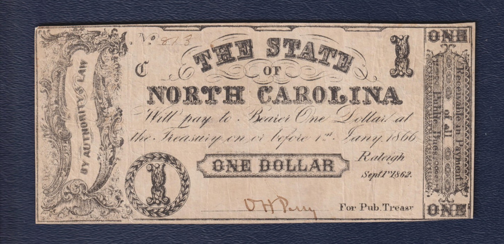 $1 1862 CSA BILL North Carolina ONE DOLLAR NOTE Large CR88A Raleigh NC Bill