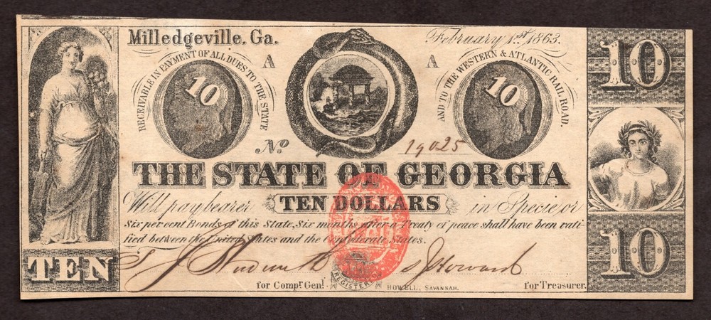 1863 $10 State of Georgia Obsolete Currency – Uncirculated