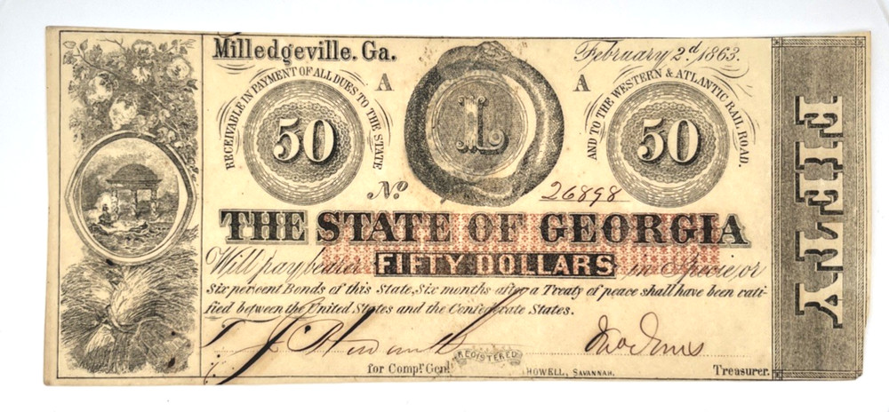 1863 $50 The State of Georgia Milledgeville Ga Obsolete Civil War Era Bank Note