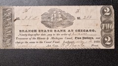 1839 Obsolete Currency Two Dollars $2 Branch State Bank at Chicago #98889