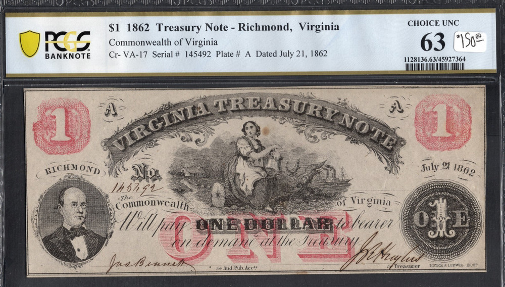 $1- 1862 Treasury Note- Richmond, Va- Choice UNC 63
